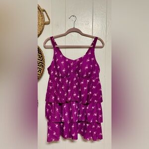 CATHERINES One Piece Dress Swim 16W Layered Ruffle Pink Flamingo Purple Plus